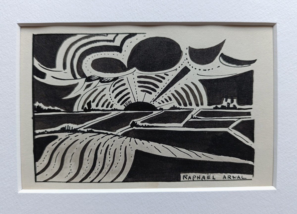 Raphael Arnal (1906-1963), Soleil Couchant, Encre Sur Papier, Signée, Encadrée, 1932