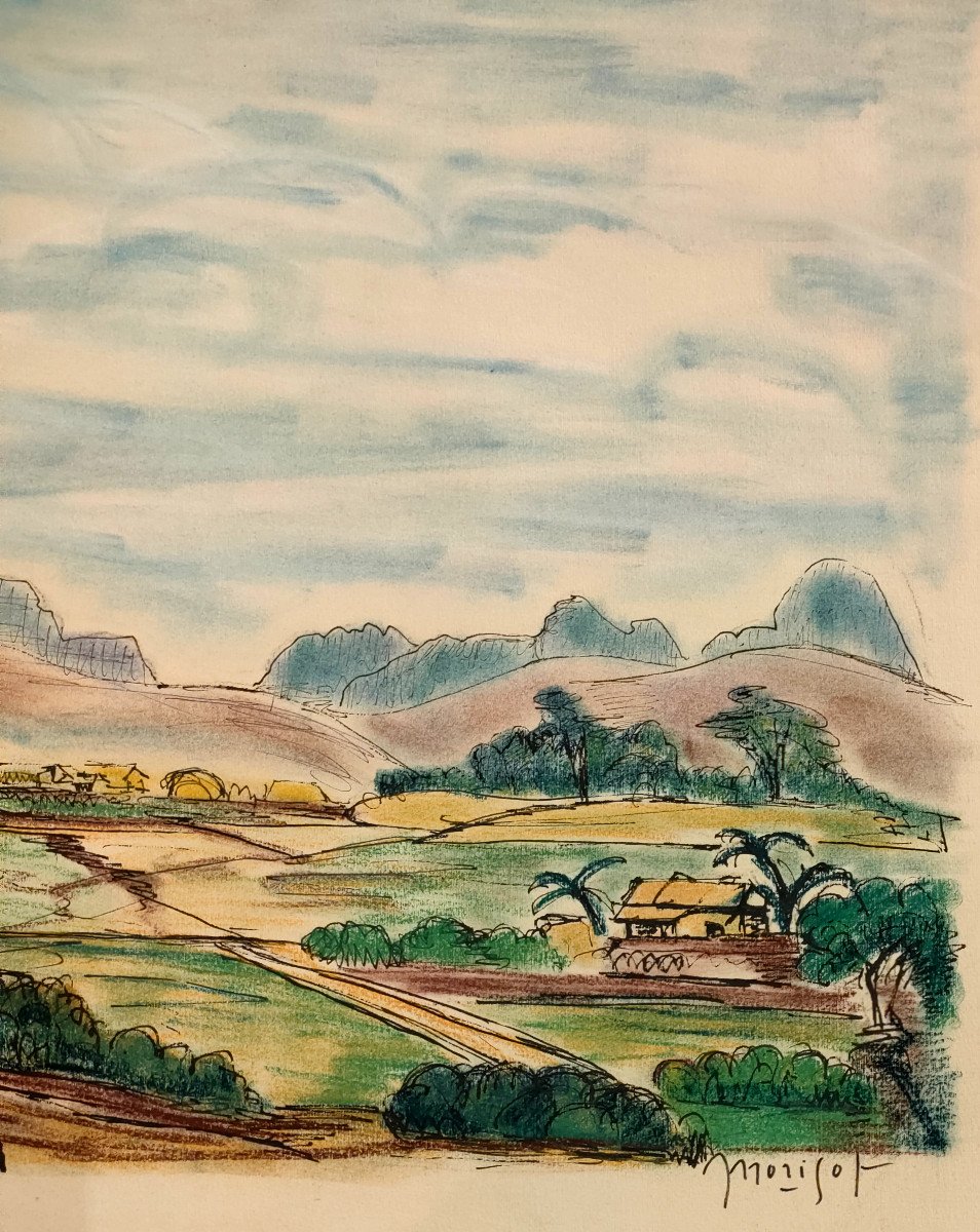 E. Morisot (xxth), View Of Viet Nam, Watercolor And Ink On Paper, Signed, 1960-photo-2