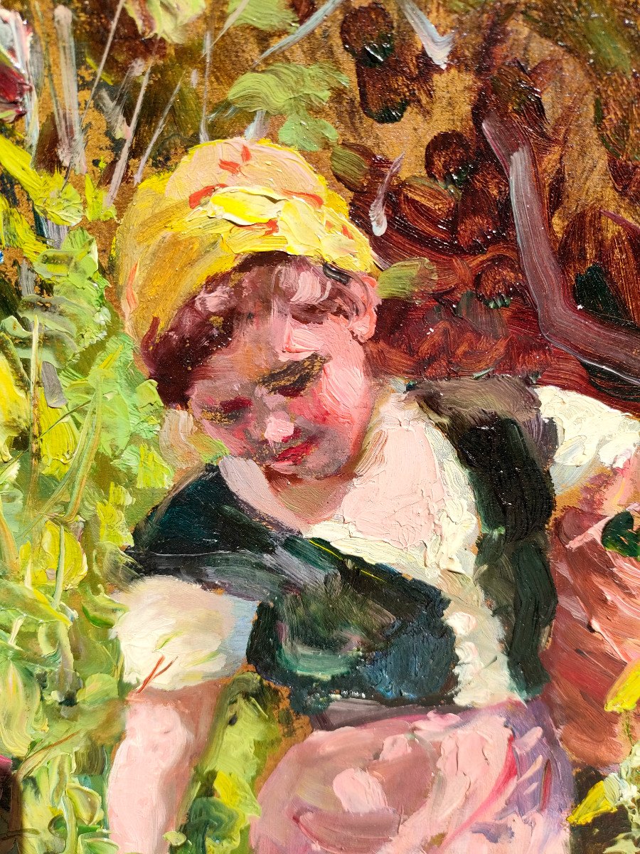 J. MEISSONIER (1864-1943), La Cueilleuse De Pois, Huile Sur Panneau Signée à Droite, Cadre Doré-photo-2