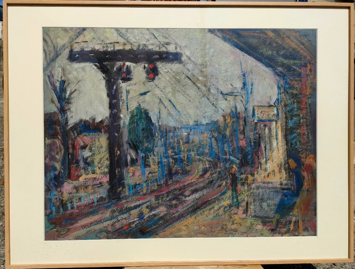 R. Rosso (1924-1986), The Station, Pastels On Paper, Signed, Framed Under Glass-photo-2