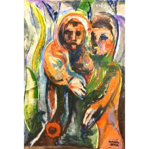 Raphael Arnal (1906-1963), Enfants Aux Plantes, Gouache Sur Papier, Signée, Encadrée Sous Verre