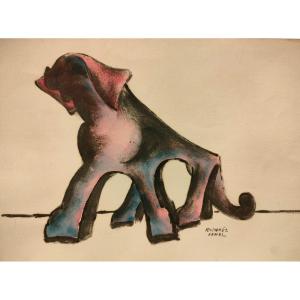 R. Arnal ( 1906-1963), l'éléphant, Gouache Et Pastel Sur Papier, Encadrée Sous Verre, Vers 1950