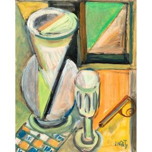E. Ronget (1893-1980), Still Life With Vase And Glass, Gouache And Oil On Paper, Signed