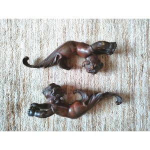 Pair Of 19th Century Bronzes, Decorated With Cherubs, Brown Patina, Probably From Furniture