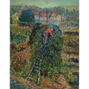 R. Rosso (1924-1987) Cherry Picking, Pastel On Paper, Signed, Framed, 1960s