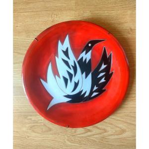 Jean Picart Le Doux (1902-1982) Red Ceramic Plate Bird Decor, Sant Vicens, Signed