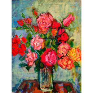 Marg Bermond (1911-1991), Bouquet De Roses, Huile Sur Toile Signée, Encadrée