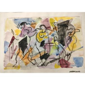 Albert Coste (1895-1985),  Abstraction,  Gouache Et Encre Signée à Droite, 56, Encadrée.