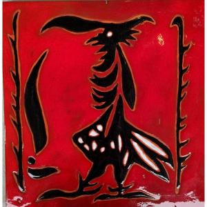 J. Lurçat (1892-1966) , Carreau En Céramique Rouge Au Décor De Coq, Sant Vicens