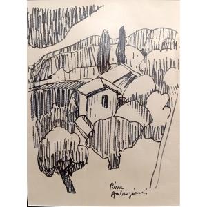 P. Ambrogiani (1907-1985), Paysage De Provence, Dessin Au Feutre Sur Papier, Signé à Droite