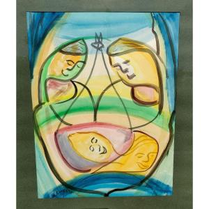 H. Gineste (20th Century), The Birth, Watercolor And Ink On Paper, Signed, Framed