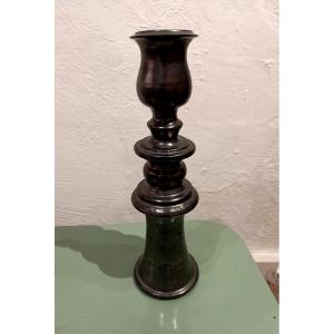 Jean Marais (1913-1998), Large Black Ceramic Candlestick, Signed On The Base At The Bottom