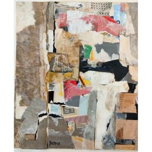 Michel Bepoix (1937-), Composition, Collage Sur Papier Signé Et Encadré Sous Verre