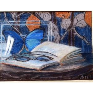 Ecole Française XXème, Nature Morte Au Papillon, Pastel Sur Papier, Signé Daté 1918, Encadré