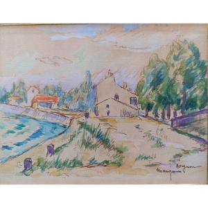 Henri Manguin (1874_1949), Canal Bank, Avignon, Watercolor And Drawing On Paper, Signed