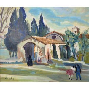 Del Devez (1906-1980), Gust Of Wind On The Chapel, Oil On Panel, Signed