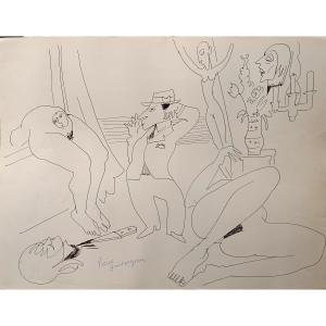 Pierre Ambrogiani (1907-1985), Satirical Drawing, Felt Pen On Paper, 