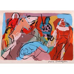 Pierre Ambrogiani (1907-1985), Les cavaliers, Pochoir à La Gouache Sur Papier, Signé 