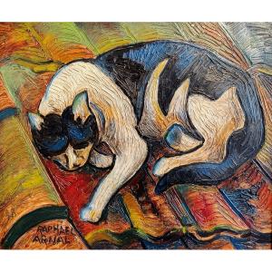 Raphael Arnal (1906-1963), Le Chat Sur Le Toit, Huile Sur Carton Signée, Encadrée