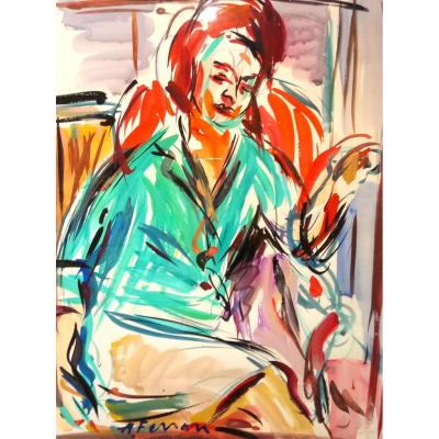 Ferrari Antoine (1910-1995), Gouache, Portrait De Femme, Signé Et Encadré