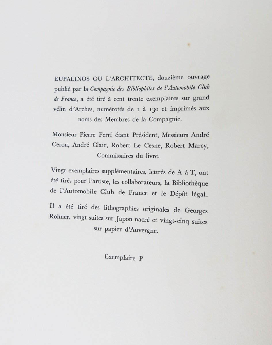 Eupalinos Ou l'Architecte, P. Valéry. Lithographies De Rohner. Automobile Club De France 1971-photo-2