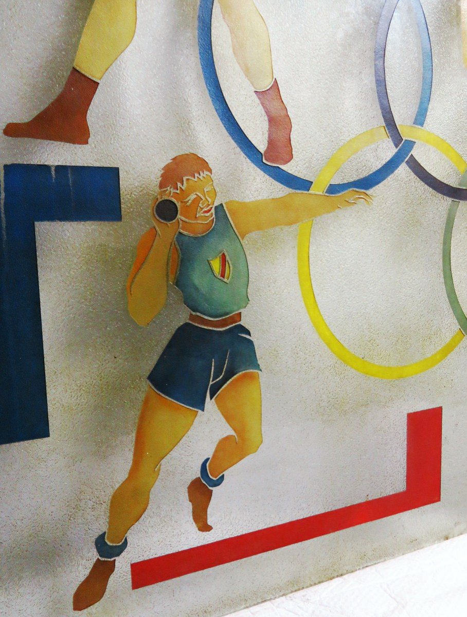 Large Decorative Sandblasted Glass Plaque About The Olympic Games. Pub 1952.-photo-3