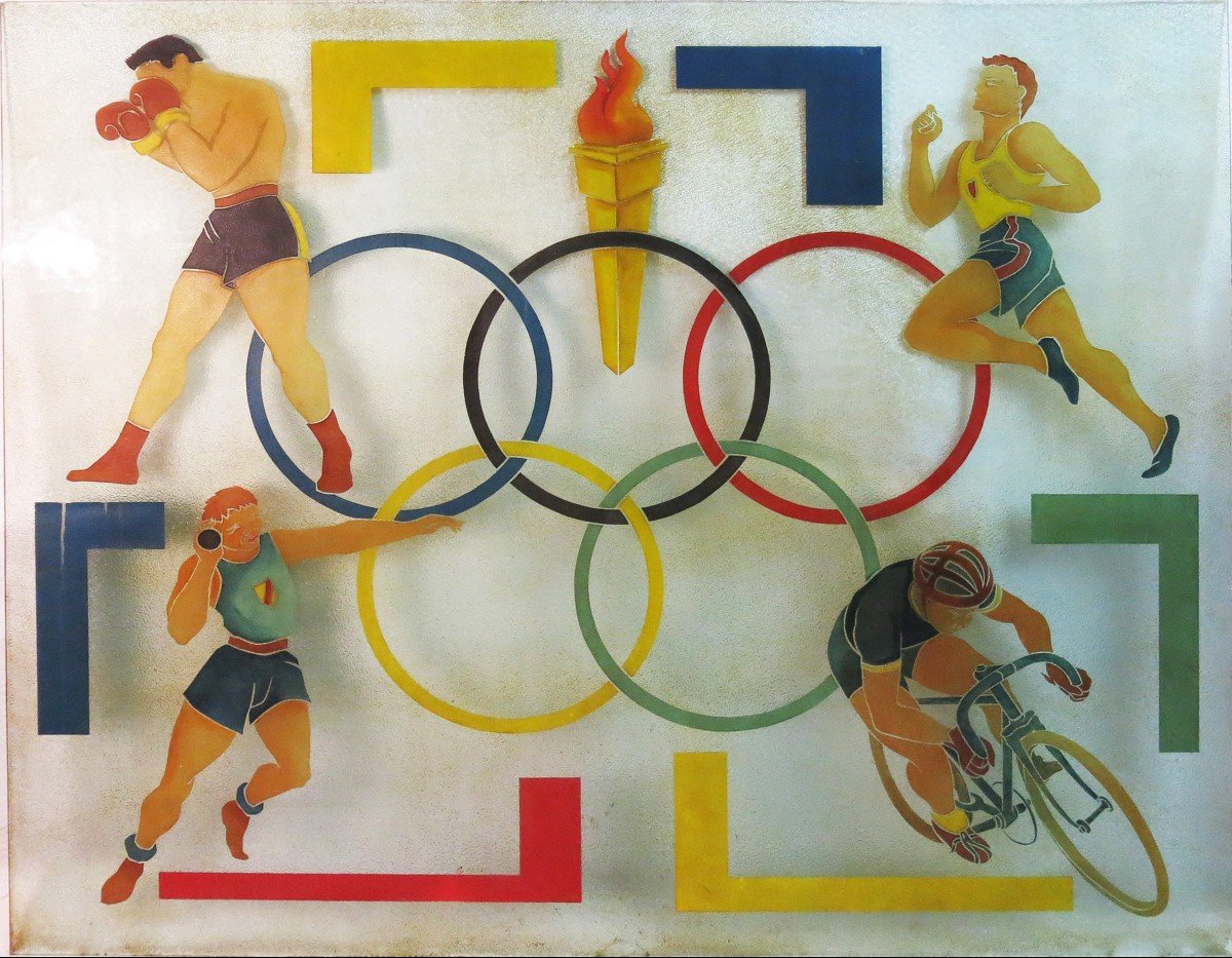 Grande plaque décorative en verre sablé sur les Jeux Olympiques. Décoration de bistrot 1952.