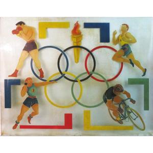 Large Decorative Sandblasted Glass Plaque About The Olympic Games. Pub 1952.