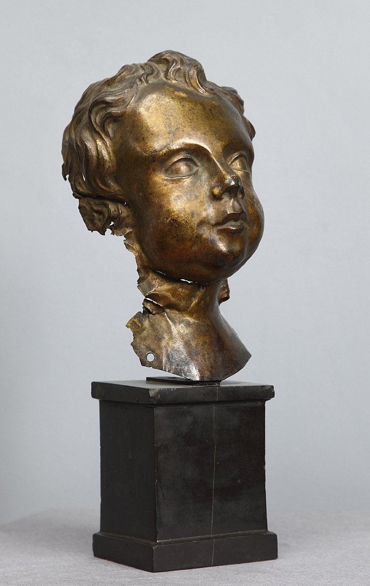 Putto Head In Golden Copper, Italy 17th Century