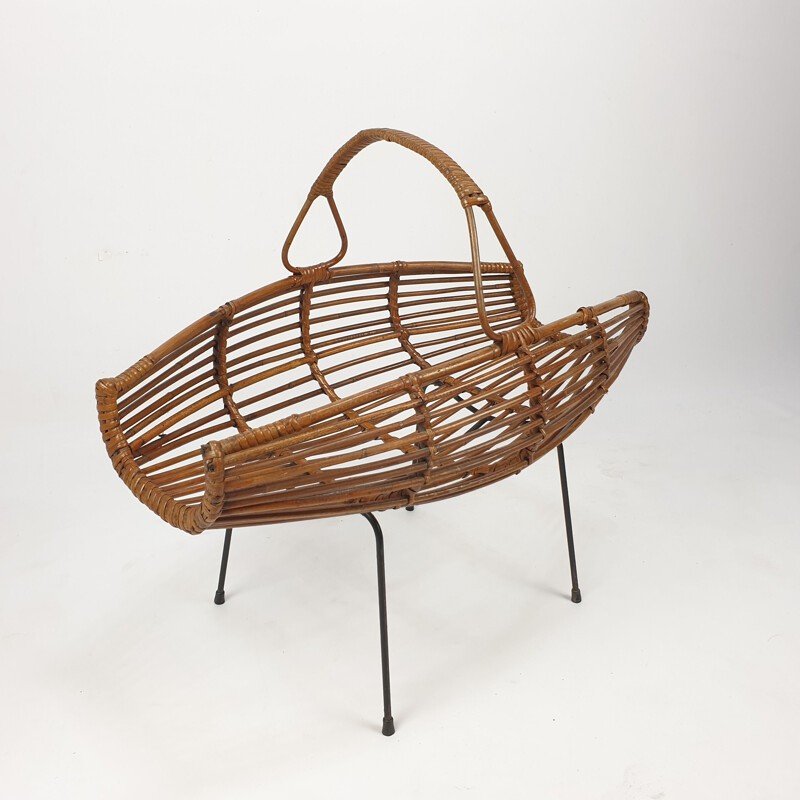 Vintage Rattan And Iron Magazine Rack, Italy 1950s-photo-4