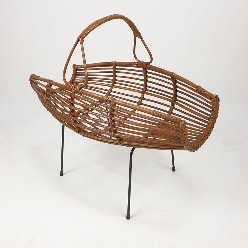 Vintage Rattan And Iron Magazine Rack, Italy 1950s