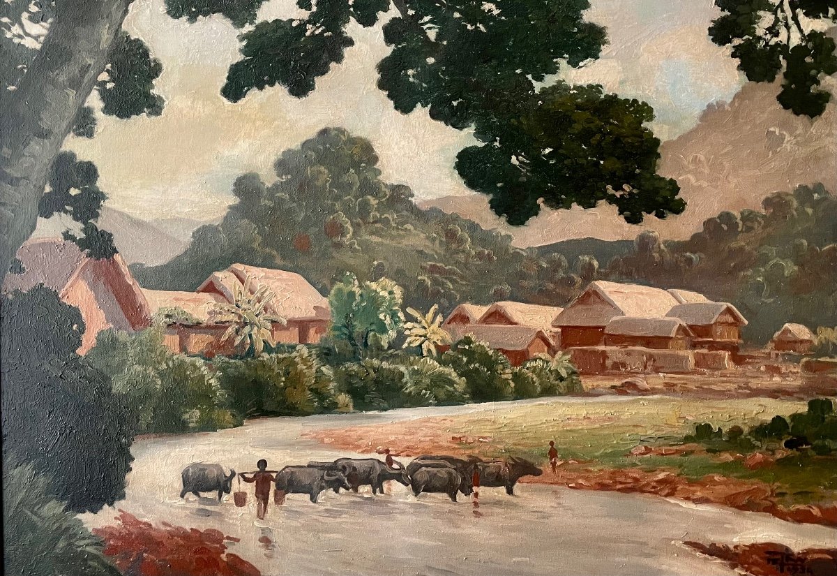 Buffaloes At The Pakha River - Mai Thu - Oil On Canvas, Signed And Dated - Vietnam - Indochina