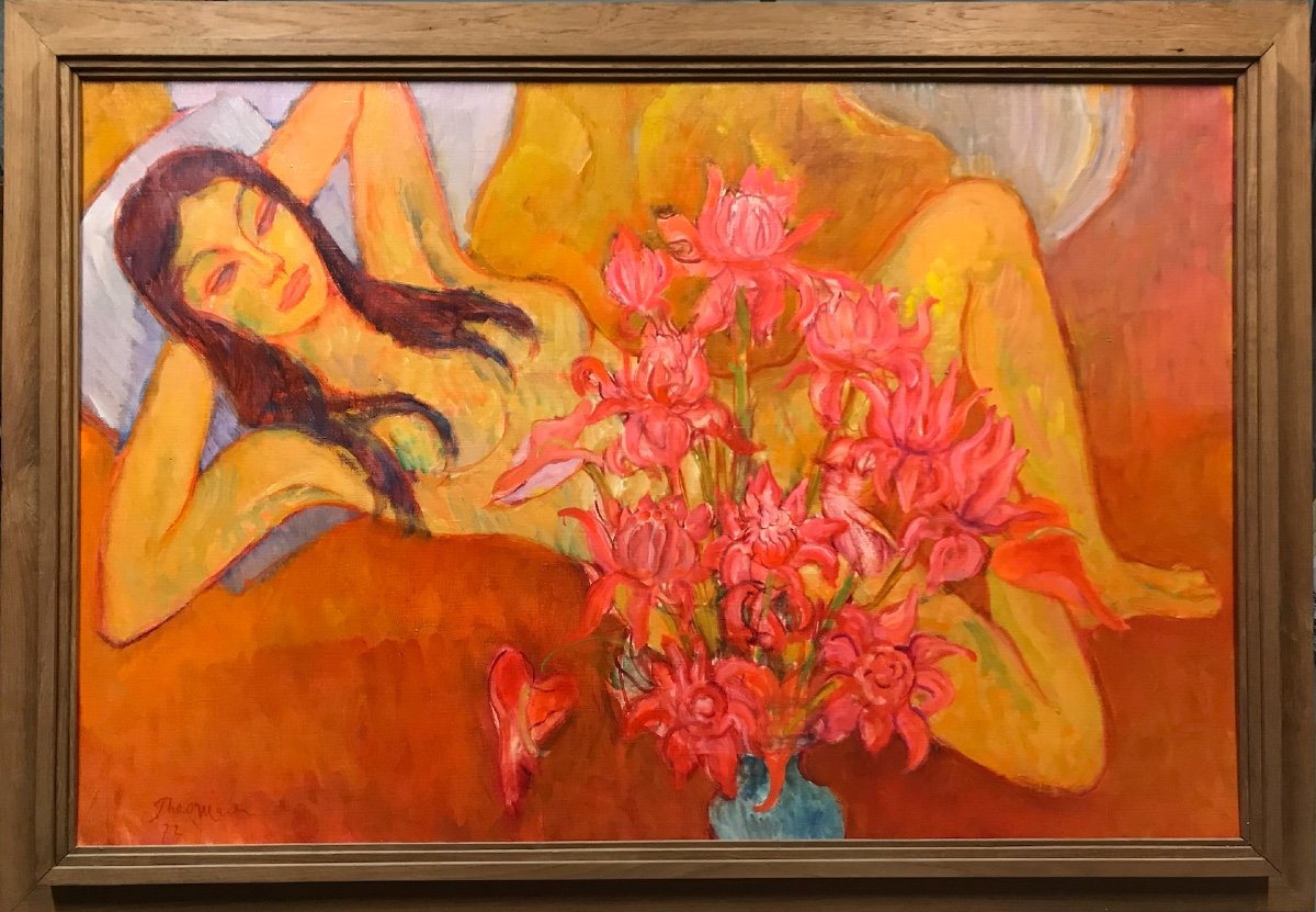 Nude With A Bouquet - Théo Meier - Oil On Canvas Signed And Dated 1972-photo-1