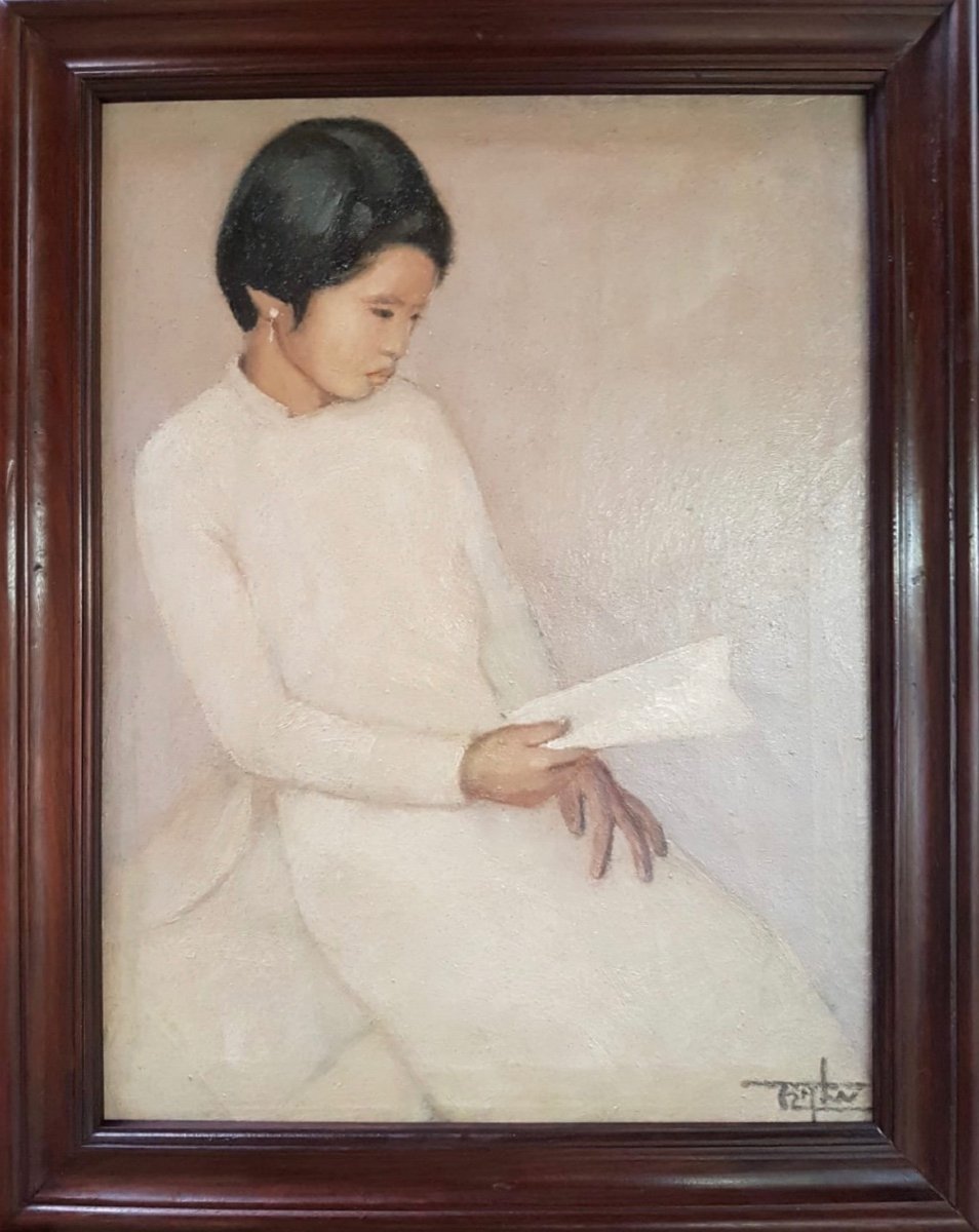 Portrait De Jeune Fille Lisant - Nguyen (?) Mai Thu - Huile Sur Toile - Vietnam - Indochine
