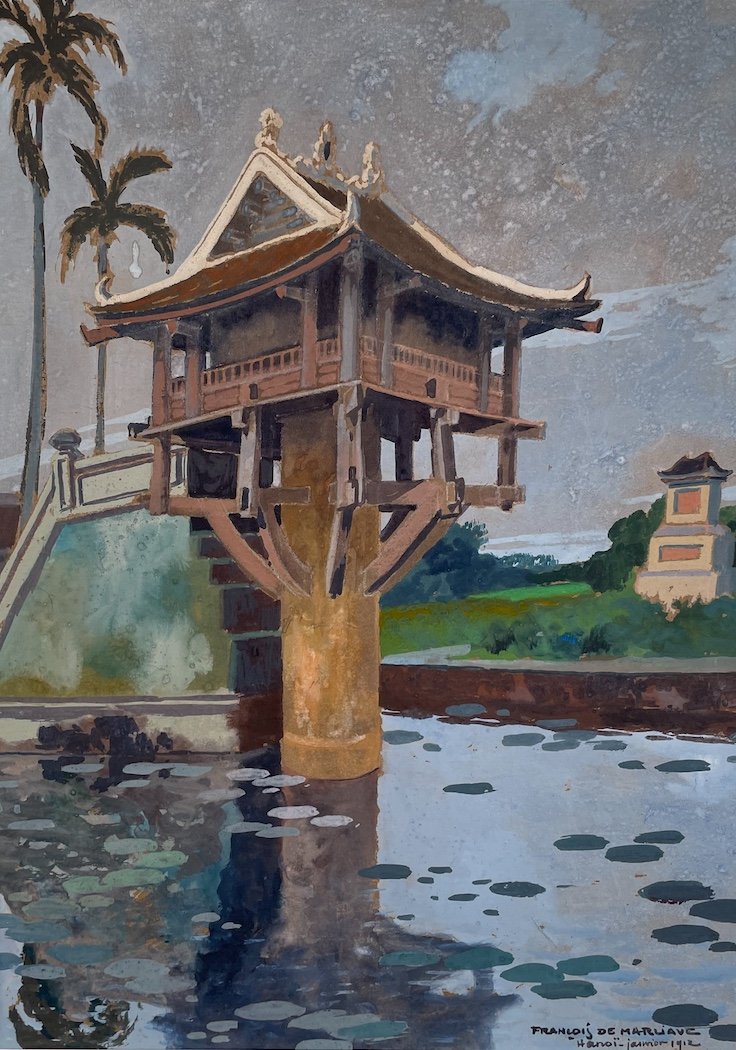 The Lotus Pagoda - François De Marliave - Gouache And Watercolor Signed And Dated 1912