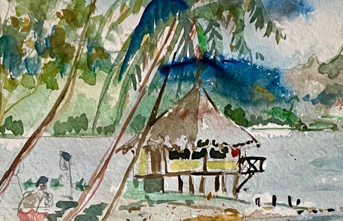 Moorea - Watercolor On Paper Signed And Dated 71-photo-4