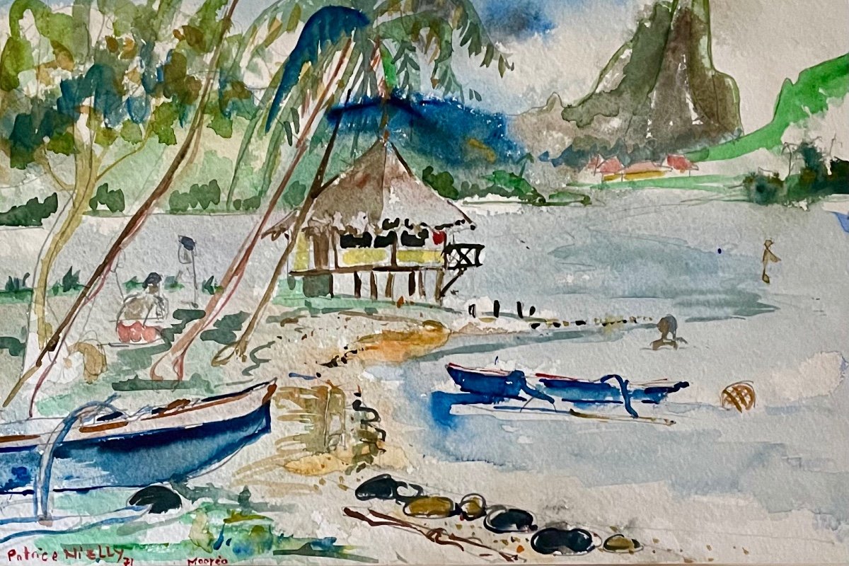 Moorea - Watercolor On Paper Signed And Dated 71