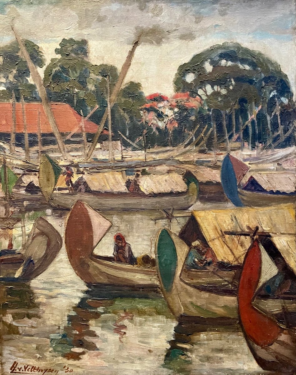 Bateaux - Henry Van Velthuysen - Huile Sur Toile Signée et datée de 1930 - Indonésie