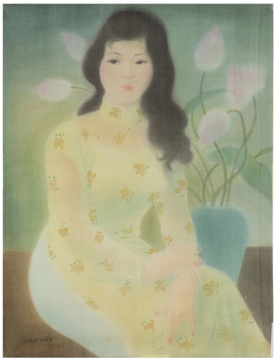 Woman And Bouquet Of Lotus Flowers - Lê Nang Hien - Ink And Colors On Silk, Signed, Dated