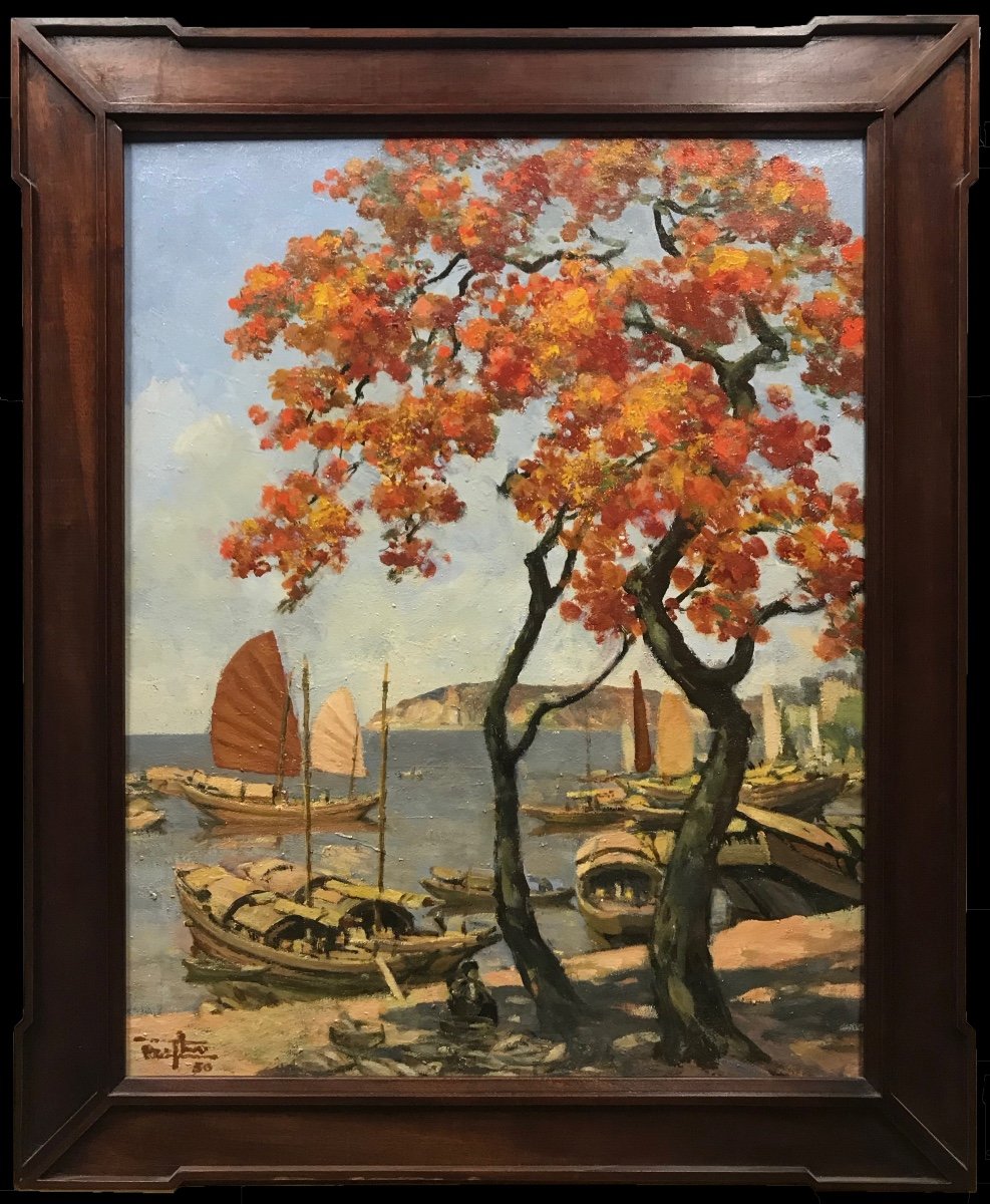 Moored Junks - M. Thu - Oil On Canvas - Signed And Dated '50 - Vietnam -