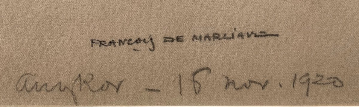 - Scène De 3 Personnages Cambodgien -  François De Marliave -  "angkor, Le 16 Avril 1920"  Pierre Noire Sur Papier Encadrée, Signée, Située Et Datée En Bas à Droite-photo-3