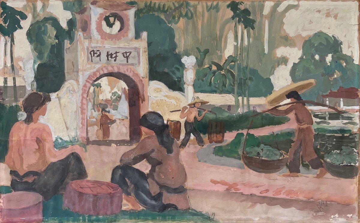 Village d'Indochine - Raymond Virac - Gouache Sur Papier, Monogrammée Et Datée 1928