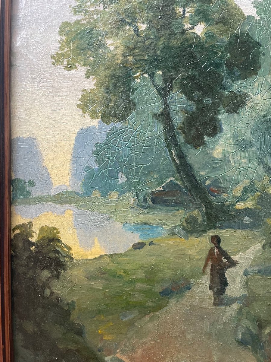 Ecole De Hanoï - Vers 1930 - Nguyen Mai Thu - Paysages Animés - Huile Sur Toile - Vietnam-photo-3