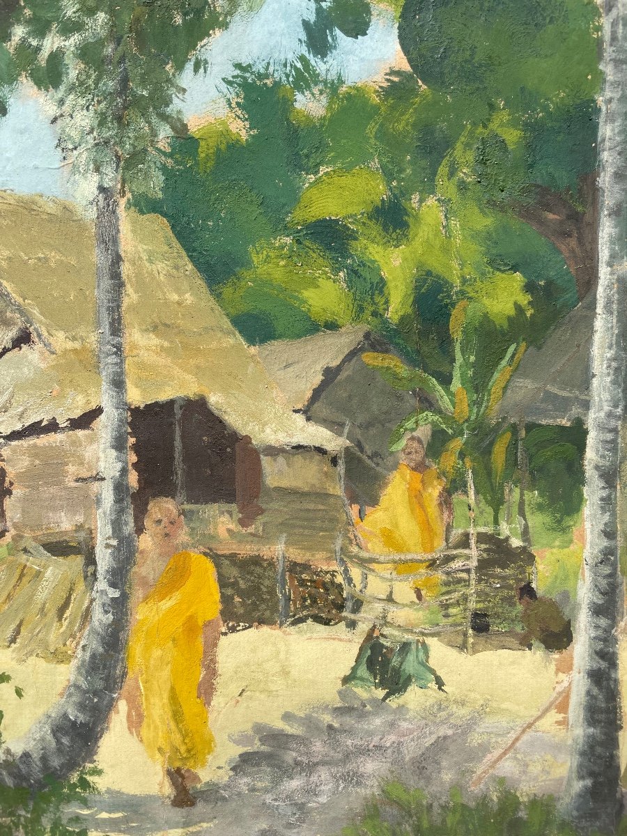 Vietnamese Village School - Laotian Gouache On Paper, Signed "tran Ha 7.43." - 39.5 X 55 Cm-photo-3