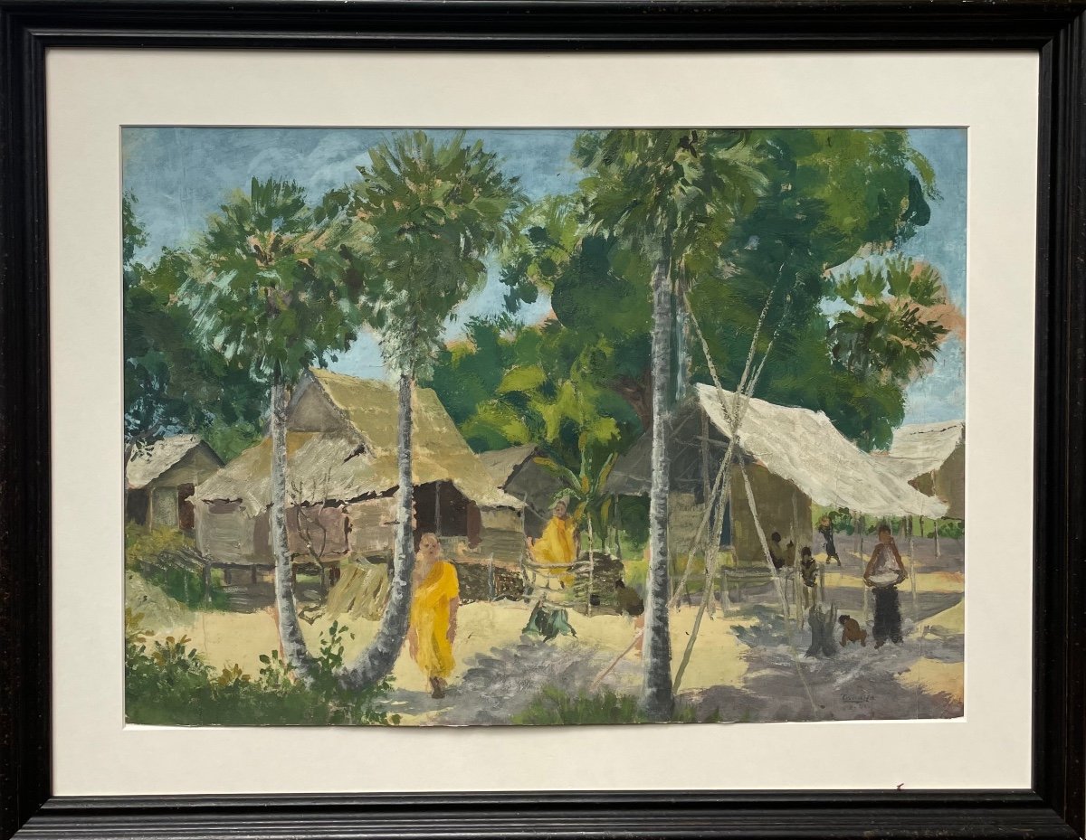 Vietnamese Village School - Laotian Gouache On Paper, Signed "tran Ha 7.43." - 39.5 X 55 Cm