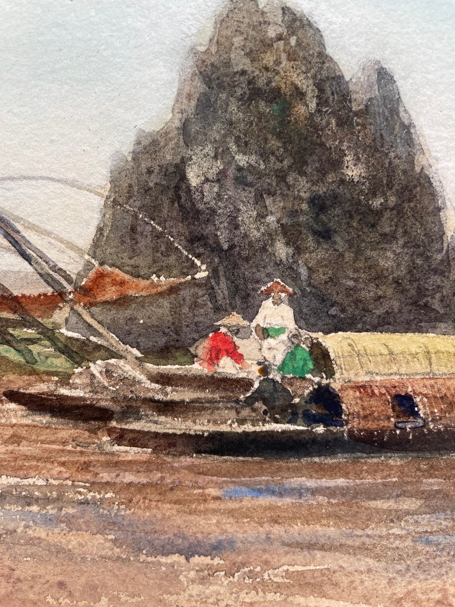 "Sampans sur le Fleuve Rouge" Aquarelle Sur Papier - Signée" Gaston Roullet - Tonkin - 1886"-photo-3