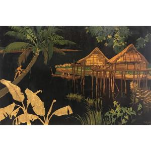 Village On Stilts - Thu Dau Mot - Polychrome And Gold Lacquered Panel, Signed And Dated - Vietnam