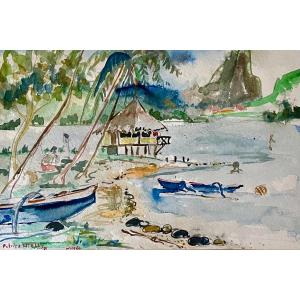 Moorea - Watercolor On Paper Signed And Dated 71