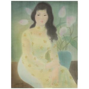 Woman And Bouquet Of Lotus Flowers - Lê Nang Hien - Ink And Colors On Silk, Signed, Dated