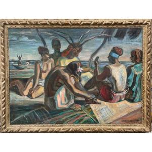 "Choeur  Loyaltien" - Roland Mascart - Huile Sur Toile, Signée, Datée 1938, Nouvelle-Calédonie